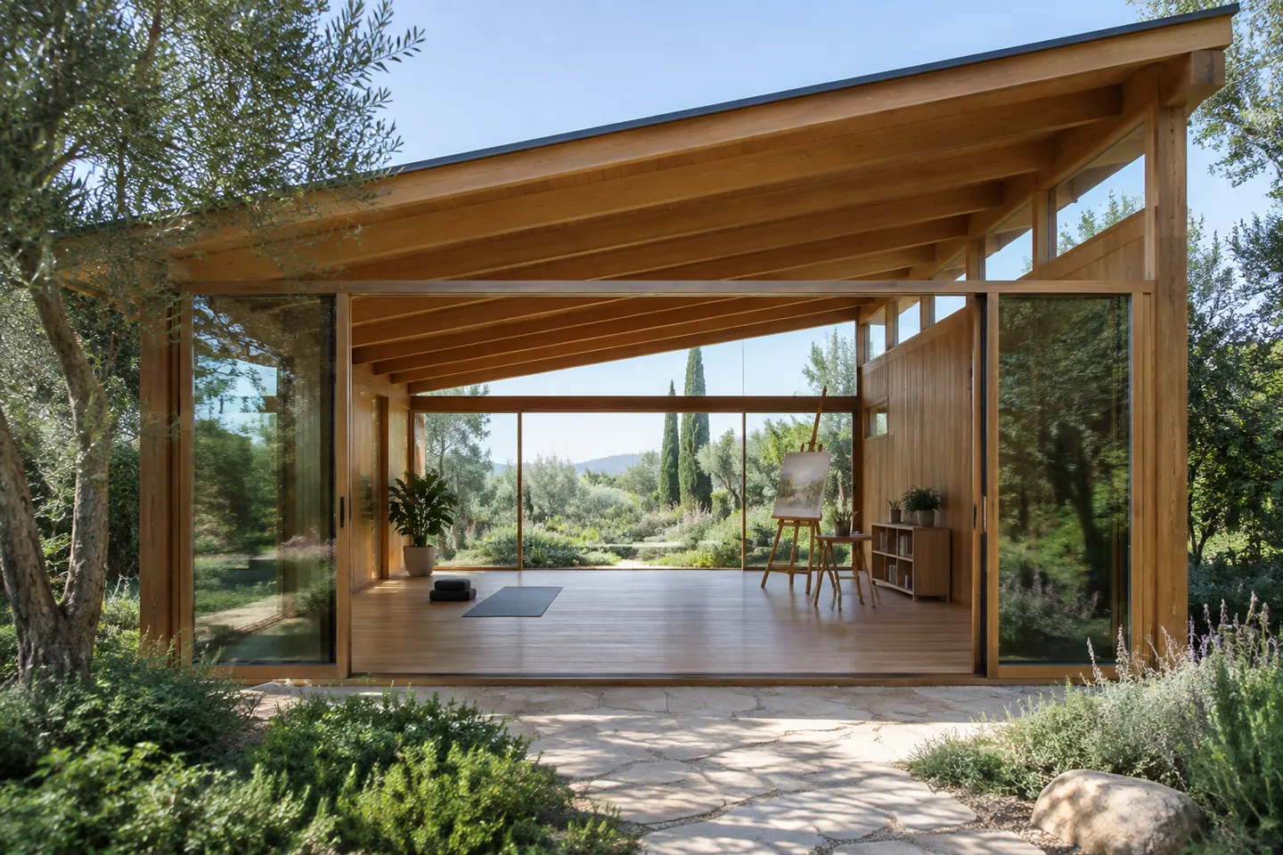 סטודיו בחצר כמבנה pavilion מעץ וזכוכית עם תקרה גבוהה בגינה ירוקה