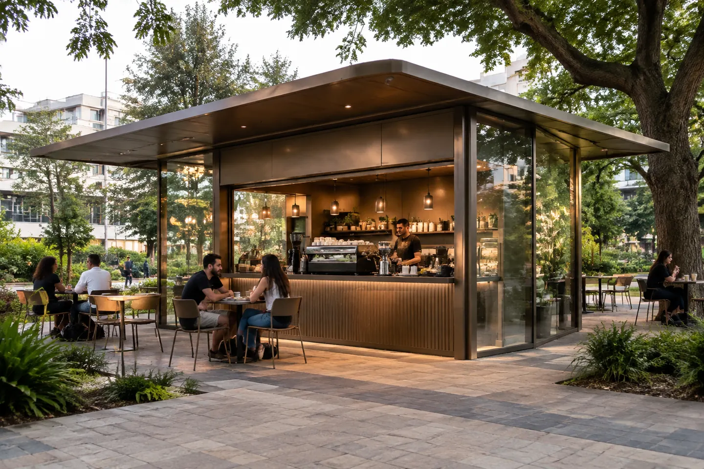 בית קפה קטן במבנה pavilion מפלדה וזכוכית עם canopy ושולחנות בפארק